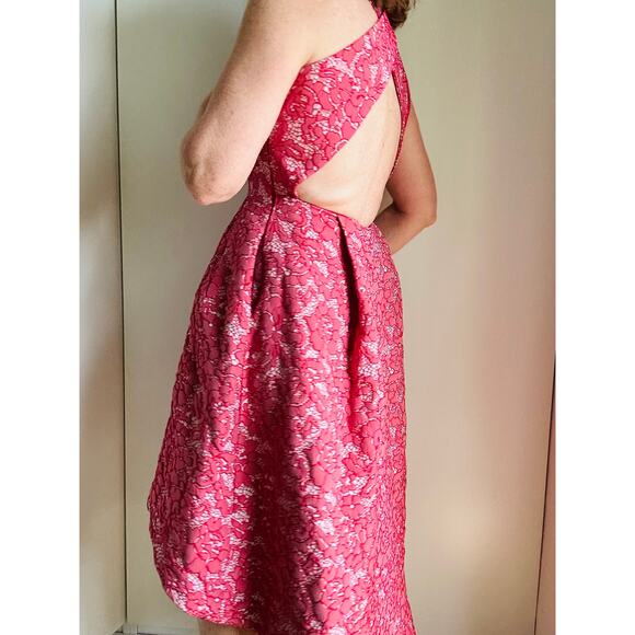 ML Monique Lhuillier Lace Pattern High Low Formal Dress Red white SZ SM Pockets - Picture 12 of 16